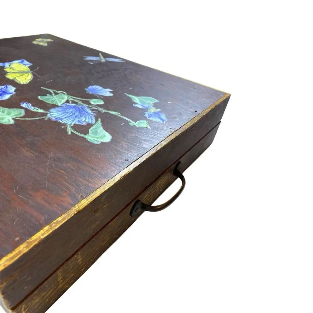 Vintage 1950s Portable Sewing Cabinet Box Folds Wooden‎ + 26 Threads w/Handle